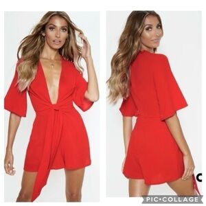 Prettylittlething Romper Tie Front Red Playsuit 4 Plunging V-Neck Cocktail NWT